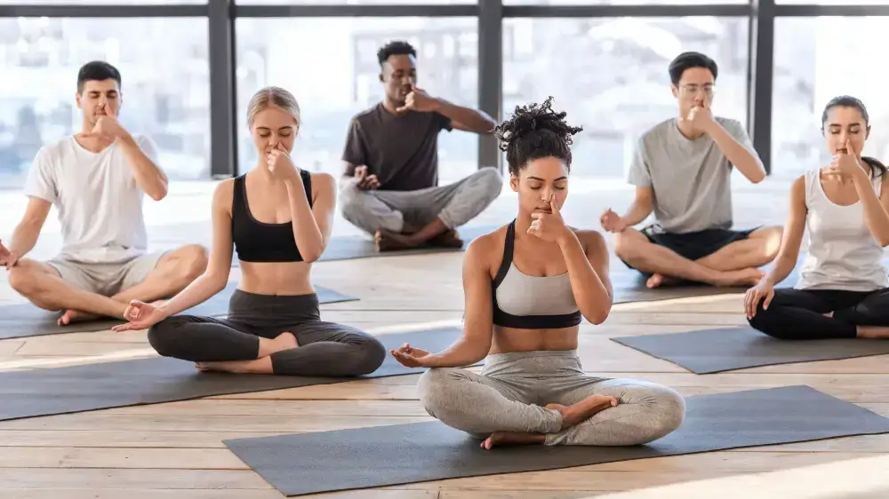 A group practicing yoga in a calm, well-lit studio