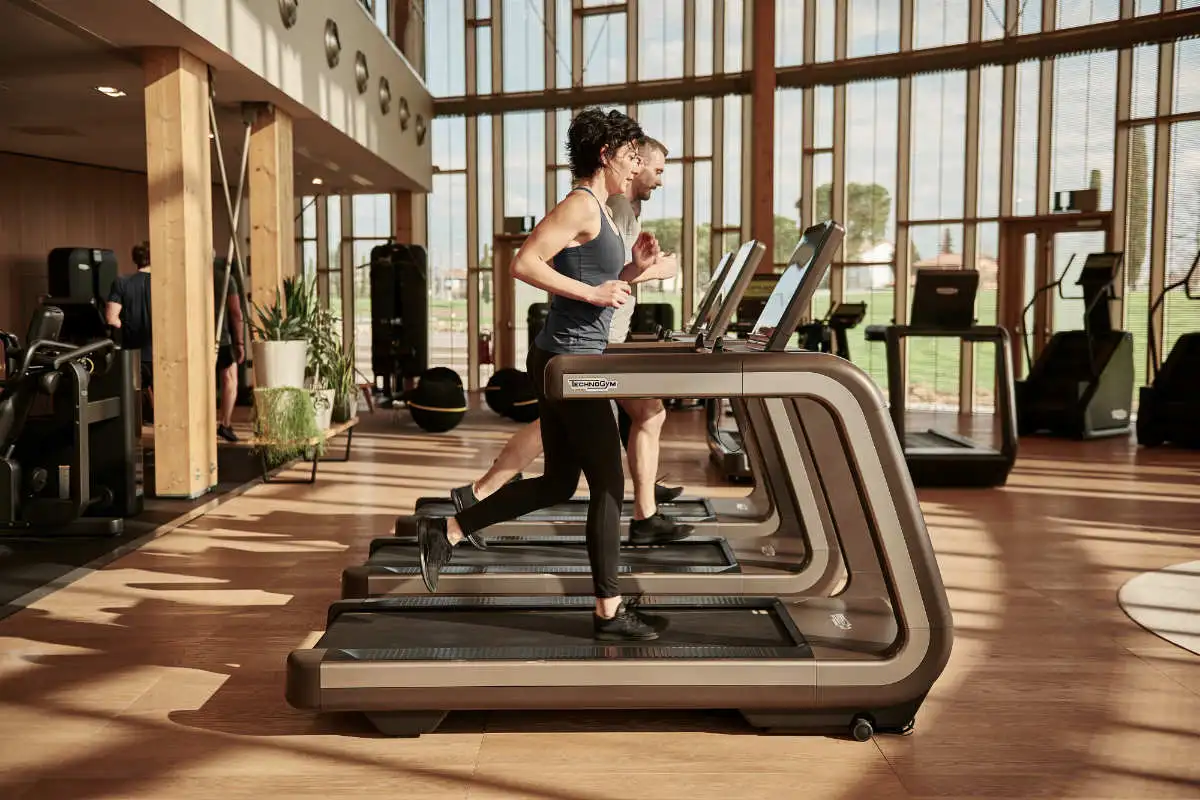 Row of modern treadmills and cardio machines